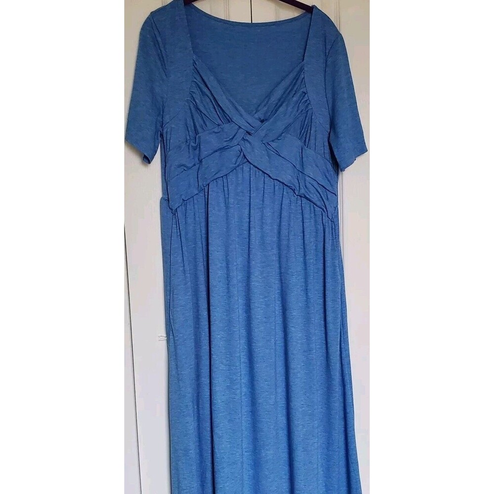 Blue Knit Maxi Dress Large Casual Empire Babydoll Short Sleeve V-Neck Knit